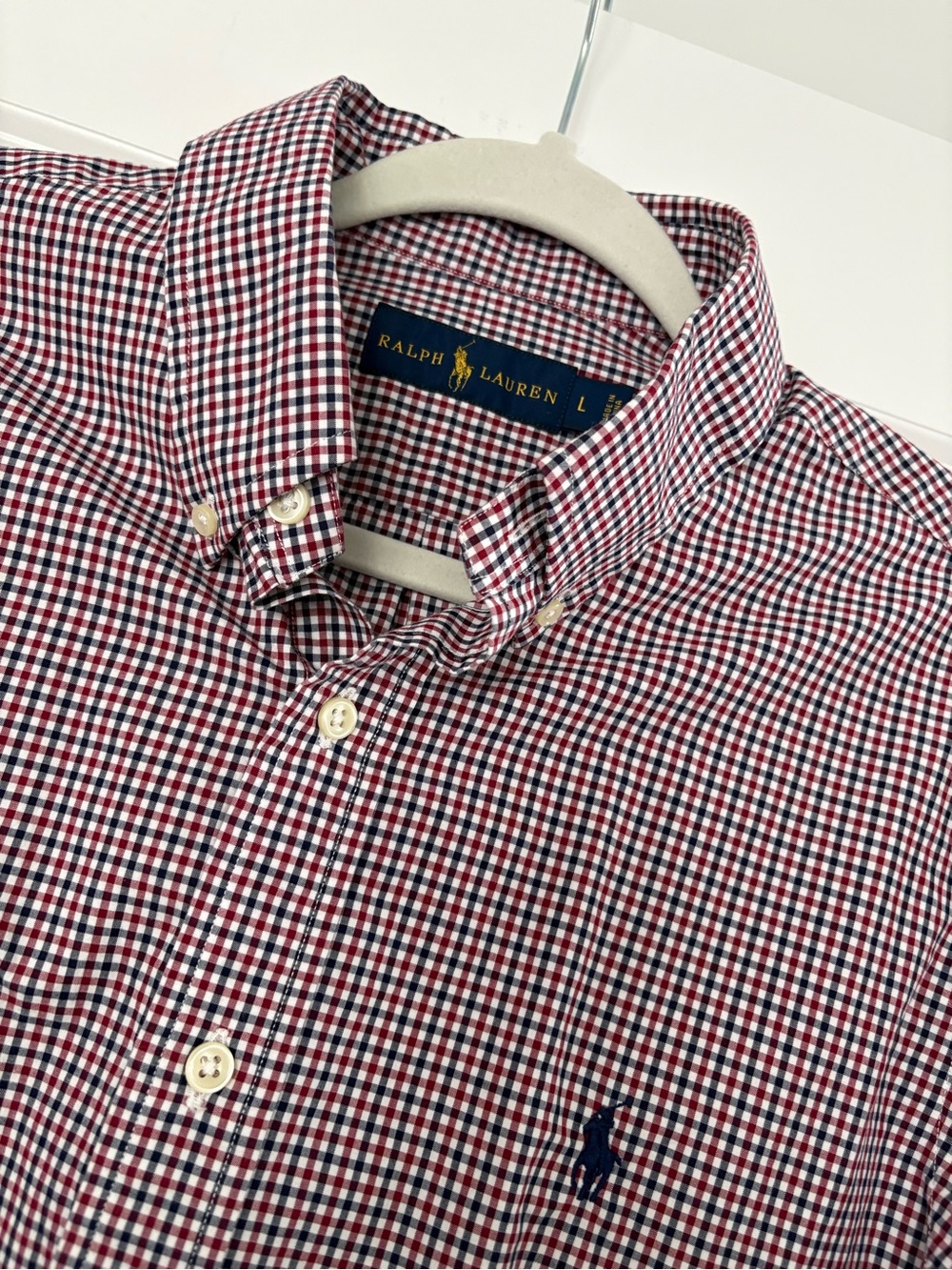 Ralph Lauren Button Down Shirt Mens Large Red Navy Plaid Long Sleeve